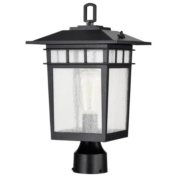 The Cove Neck post light combines classic craftsman design with modern versatility. Its die-cast aluminum construction and textured black finish complement various architectural styles, while clear seeded glass creates ambient illumination perfect for pathways and entryways. - alternate view