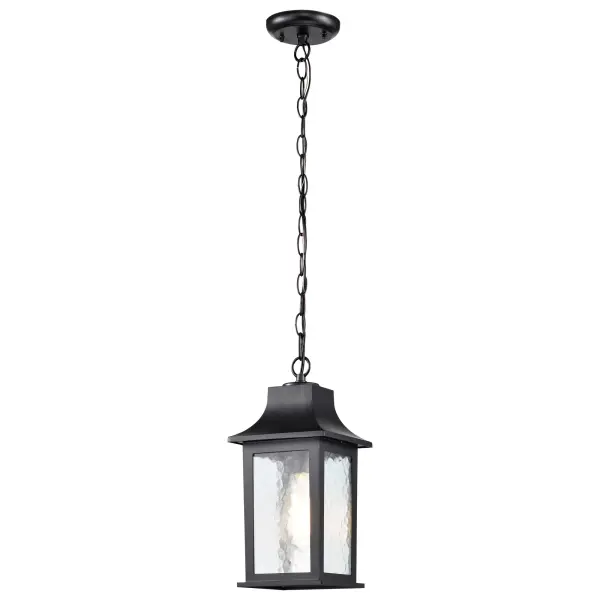 The Stillwell hanging lantern combines timeless lantern design with weather-resistant die-cast aluminum construction. Its translucent water glass creates ambient lighting while the matte black finish coordinates effortlessly with various architectural styles.