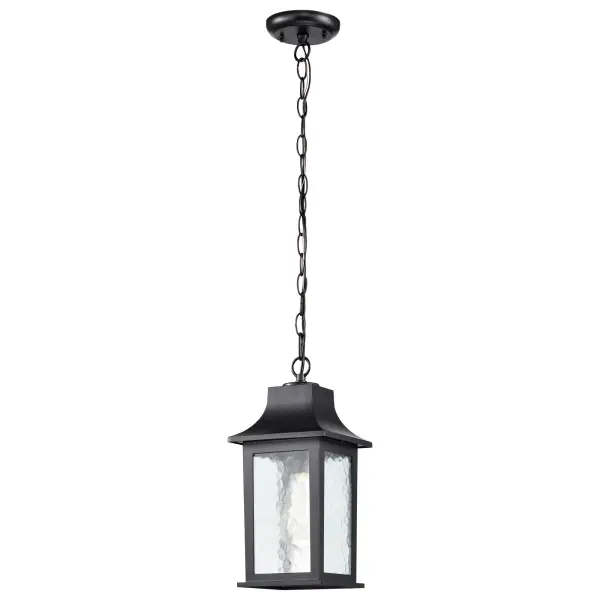 The Stillwell hanging lantern combines timeless lantern design with weather-resistant die-cast aluminum construction. Its translucent water glass creates ambient lighting while the matte black finish coordinates effortlessly with various architectural styles. - alternate view