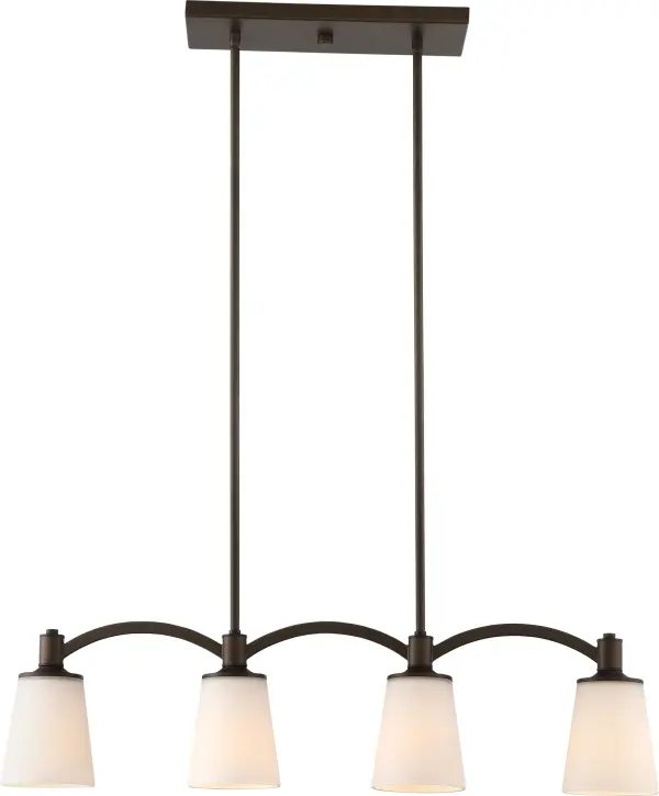 The Laguna 4-light island pendant combines contemporary elegance with practical illumination. Its forest bronze finish and white glass shades create a refined look perfect for modern and transitional interiors.