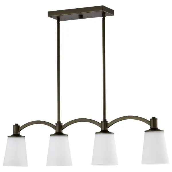 The Laguna 4-light island pendant combines contemporary elegance with practical illumination. Its forest bronze finish and white glass shades create a refined look perfect for modern and transitional interiors. - alternate view