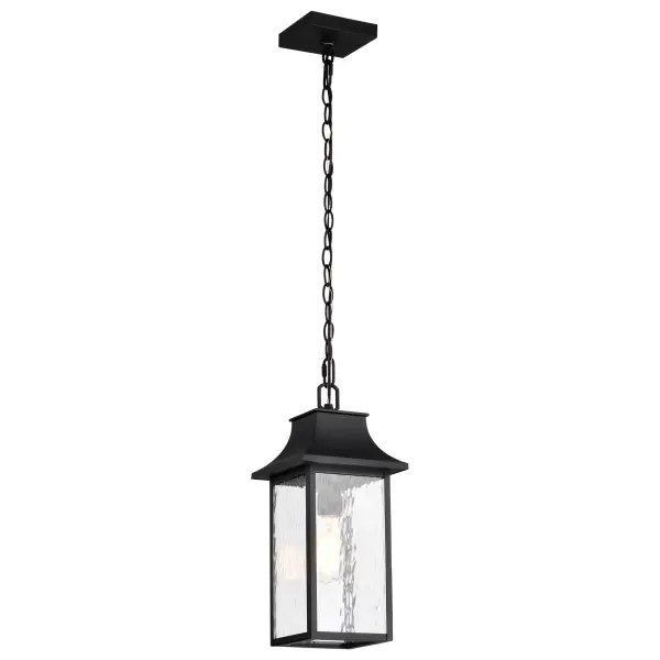 The Austen outdoor pendant combines timeless transitional design with practical durability. Its matte black finish and rippling water glass create visual interest while providing excellent illumination for exterior spaces.