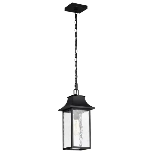 The Austen outdoor pendant combines timeless transitional design with practical durability. Its matte black finish and rippling water glass create visual interest while providing excellent illumination for exterior spaces. - alternate view