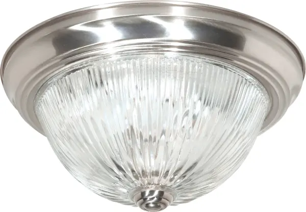 This compact 2-light flush mount combines timeless ribbed glass with a clean nickel finish, making it ideal for spaces with lower ceilings. The 13-inch diameter provides ample illumination without overwhelming smaller rooms.