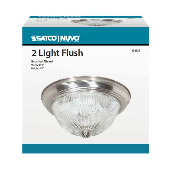 This compact 2-light flush mount combines timeless ribbed glass with a clean nickel finish, making it ideal for spaces with lower ceilings. The 13-inch diameter provides ample illumination without overwhelming smaller rooms. - alternate view