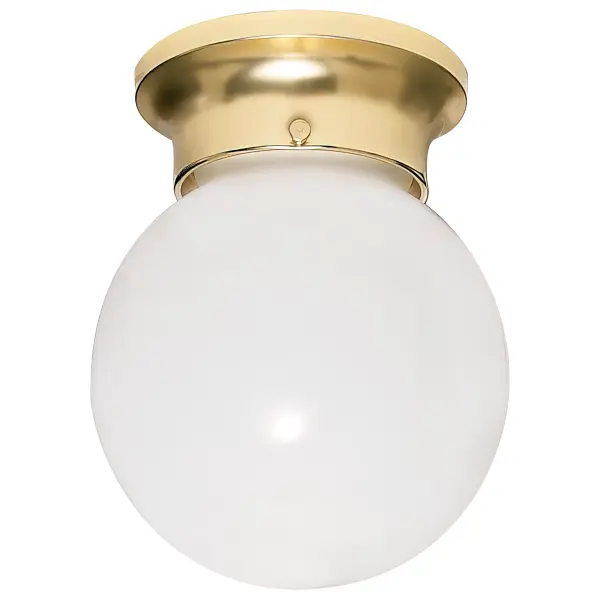 A compact 6-inch flush mount ceiling fixture featuring a white ball globe shade with brass accents. Perfect for small spaces requiring basic, reliable illumination with traditional styling.