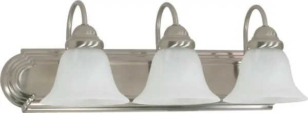The Ballerina vanity light combines timeless design with practical illumination. Three alabaster glass bell shades provide soft, diffused light ideal for grooming tasks, while the nickel finish adds a refined touch to any bathroom.