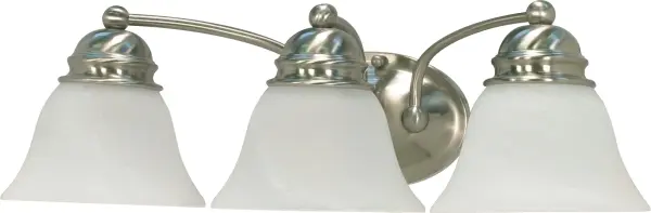 The Empire vanity light combines timeless design with practical illumination. Three alabaster glass bell shades provide soft, diffused light ideal for bathroom tasks. The nickel finish offers versatility to complement various decor styles.