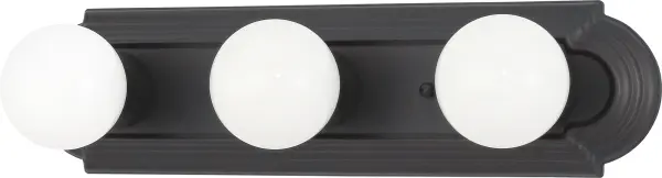 This 18-inch vanity light offers practical illumination with a timeless racetrack-style design. The bronze finish and three-light configuration provide balanced lighting for bathroom vanities and powder rooms at an accessible price point.