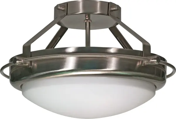 The Polaris semi-flush mount combines geometric simplicity with practical functionality. Its 14-inch profile and frosted glass shades provide even illumination while the brushed nickel finish complements modern and transitional interiors.
