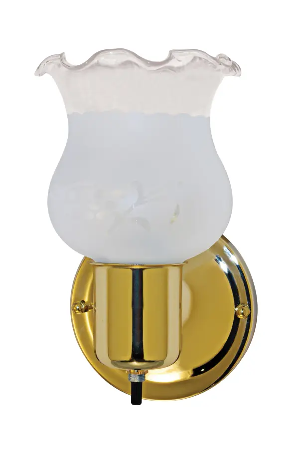 A petite 5-inch vanity light featuring warm brass finish and frosted grape-style shade. Perfect for powder rooms or as accent lighting in small bathrooms. Includes convenient on/off switch.