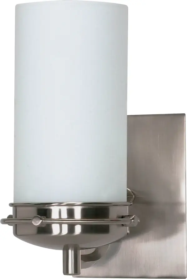 The Polaris vanity fixture combines timeless geometric elements with a brushed nickel finish and satin frosted glass shade. Its compact 5-inch profile delivers crisp, contemporary style perfect for modern bathrooms.