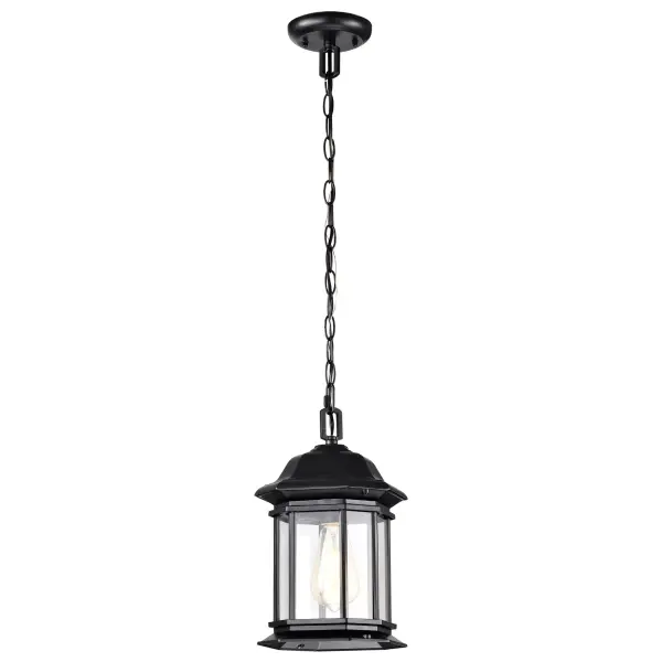 The Hopkins hanging lantern brings timeless Tudor charm to your exterior with its die-cast aluminum construction and clear glass panels. The matte black finish adds sophisticated depth while showcasing vintage-filament bulbs beautifully.