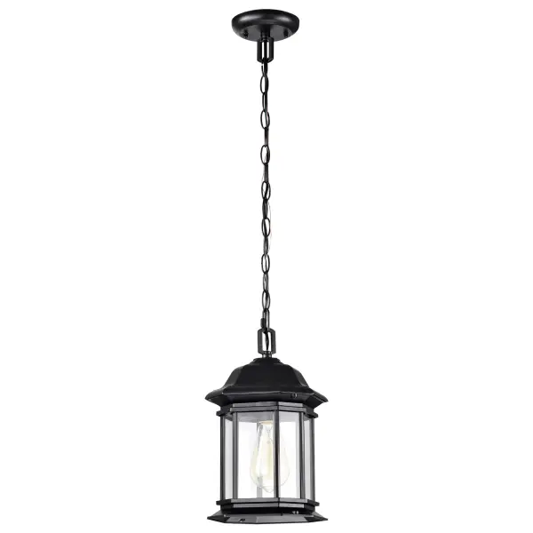 The Hopkins hanging lantern brings timeless Tudor charm to your exterior with its die-cast aluminum construction and clear glass panels. The matte black finish adds sophisticated depth while showcasing vintage-filament bulbs beautifully. - alternate view