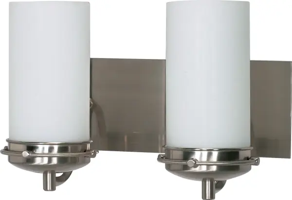 The Polaris 2-light vanity fixture combines timeless geometric design with contemporary styling. Its brushed nickel finish and satin frosted glass shades deliver a crisp, elegant look perfect for modern bathrooms.
