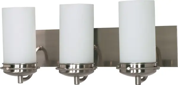 The Polaris 3-light vanity fixture combines geometric precision with soft frosted glass for balanced, flattering bathroom illumination. Its 21-inch width and brushed nickel finish deliver versatile style.