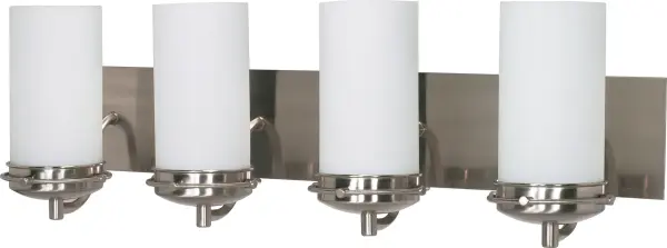 The Polaris 4-light vanity fixture combines timeless geometric elements with contemporary styling. Finished in Brushed Nickel with Satin Frosted Glass shades, it delivers crisp, even illumination perfect for bathroom tasks.