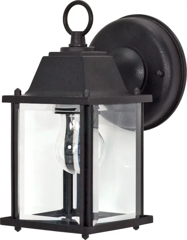 This compact 9-inch cube lantern delivers traditional styling at an exceptional value. The textured black finish and clear beveled glass create an eye-catching design that enhances any home's exterior.