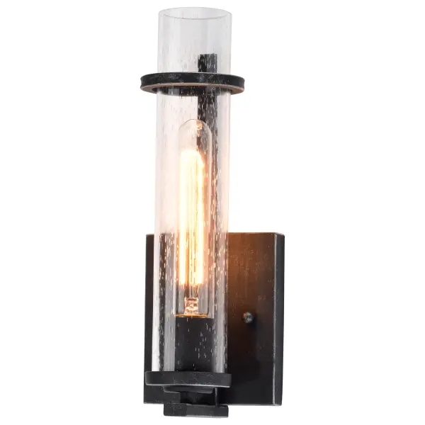 The Donzi vanity light blends antique character with modern simplicity. Its clear seeded glass cylinder and deep Iron Black finish create authentic vintage appeal, especially when paired with Edison bulbs. - alternate view