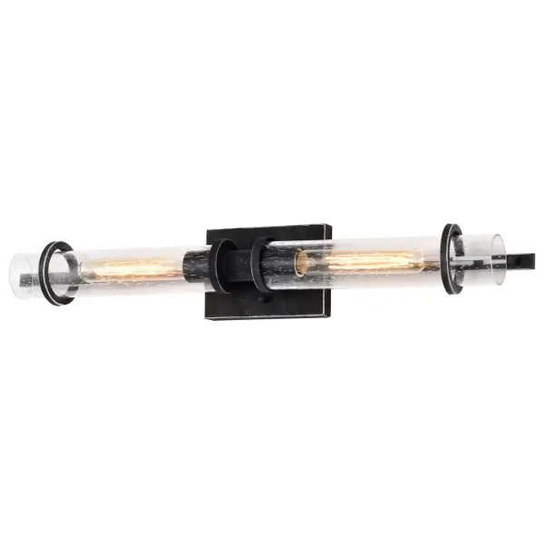 The Donzi vanity fixture combines fresh modern design with antique character through heavily seeded glass cylinders and Iron Black finish. Perfect for Edison-style bulbs, it adds industrial elegance to bathrooms and entryways. - alternate view