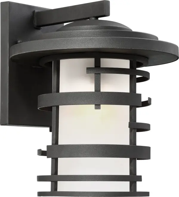 The Lansing outdoor wall lantern combines traditional lantern styling with contemporary clean lines in a weather-resistant textured black finish. Its etched glass diffuser provides soft illumination while the steel construction ensures durability. - alternate view