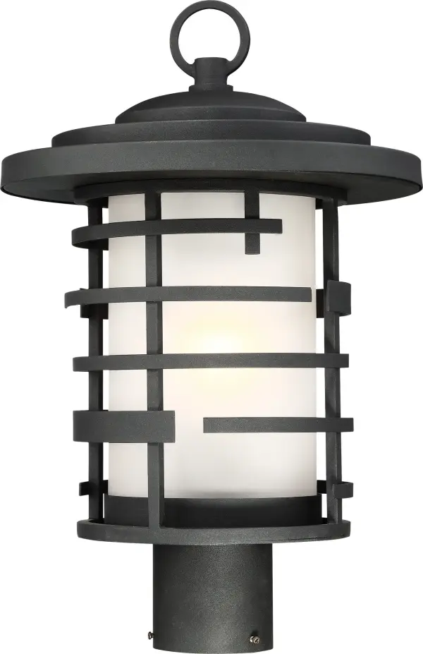 The Lansing post lantern combines traditional charm with contemporary clean lines in a weather-resistant steel construction. Its textured black finish and etched glass create welcoming illumination for entryways and pathways.