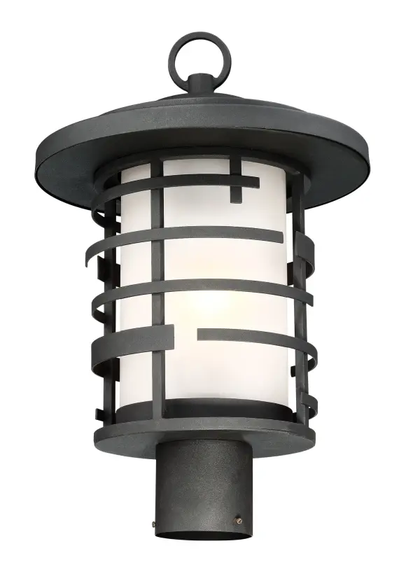 The Lansing post lantern combines traditional charm with contemporary clean lines in a weather-resistant steel construction. Its textured black finish and etched glass create welcoming illumination for entryways and pathways. - alternate view