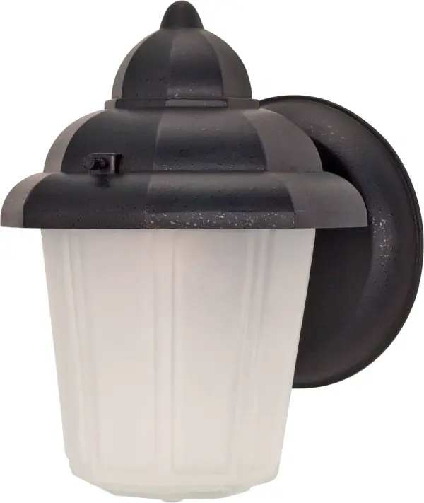 This compact 9-inch wall lantern combines classic hood styling with modern durability. The textured black finish and frosted glass create a welcoming glow perfect for entryways and porches. Wet location rated for reliable outdoor performance.