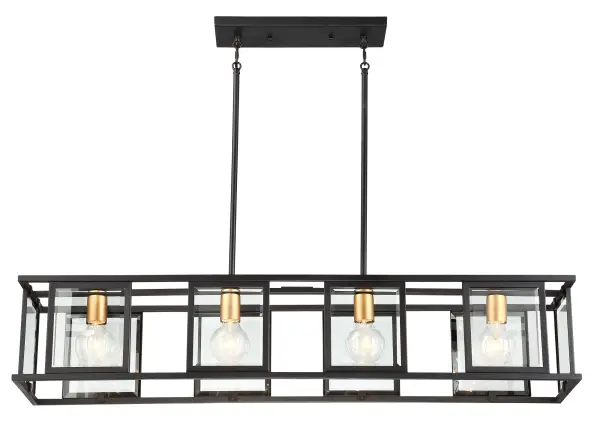 The Payne 4-Light Island Pendant combines understated elegance with traditional craftsmanship. Its midnight bronze steel framework and clear beveled glass panels create sophisticated illumination perfect for kitchen islands and dining areas.