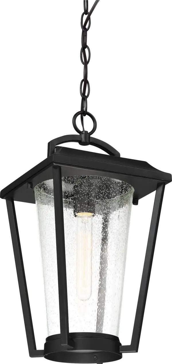 The Lakeview hanging lantern brings classic carriage house elegance to outdoor spaces with its aged bronze finish and clear seeded glass. Perfect for creating instant curb appeal at entryways or adding vintage character to patios. - alternate view