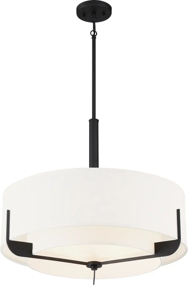 The Frankie pendant combines mid-century inspired design with contemporary functionality. Its linen fabric shade and frosted glass diffuser create warm, diffused lighting while the aged bronze finish adds timeless sophistication. - alternate view