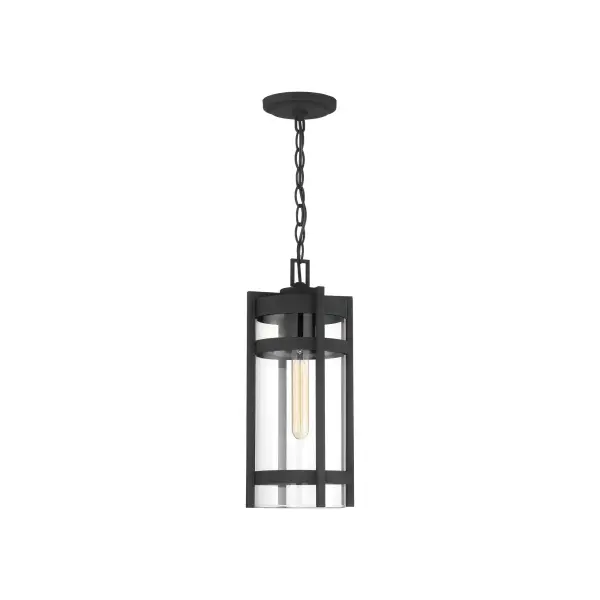 The Tofino hanging lantern combines traditional lantern styling with a textured black finish and clear glass chimney shade. At 16 inches, it provides substantial presence for outdoor spaces while the exposed bulb design creates warm ambient lighting.