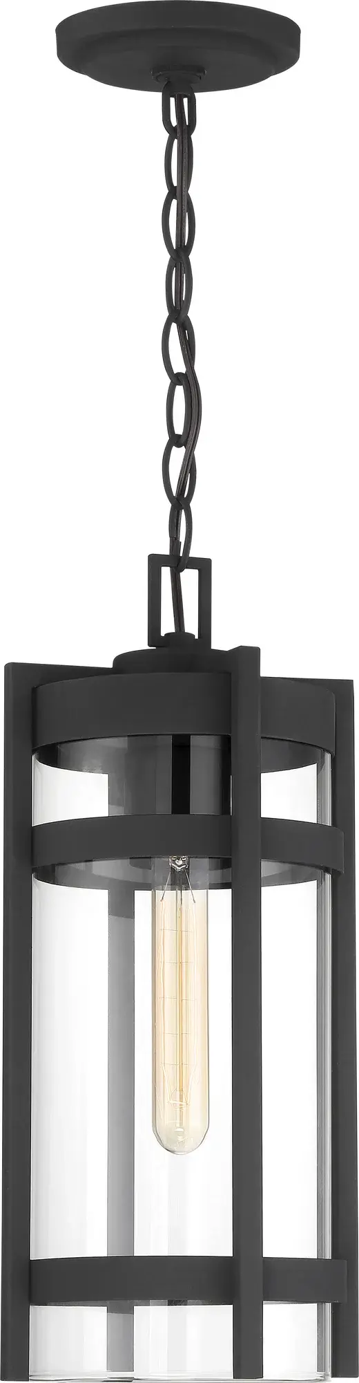 The Tofino hanging lantern combines traditional lantern styling with a textured black finish and clear glass chimney shade. At 16 inches, it provides substantial presence for outdoor spaces while the exposed bulb design creates warm ambient lighting. - alternate view