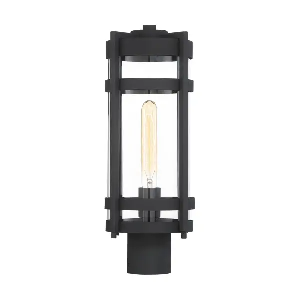 The Tofino post lantern delivers timeless mission-craftsman design with contemporary appeal. Its textured black finish and cylindrical clear glass create warm, welcoming illumination for outdoor spaces.