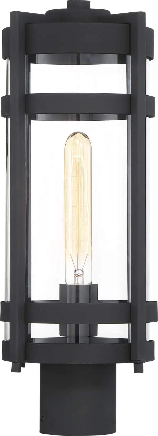The Tofino post lantern delivers timeless mission-craftsman design with contemporary appeal. Its textured black finish and cylindrical clear glass create warm, welcoming illumination for outdoor spaces. - alternate view
