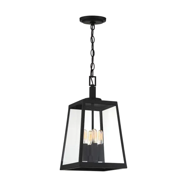 The Halifax hanging lantern combines coastal charm with contemporary design. Its oversized trapezoidal frame in matte black houses four bulbs behind clear glass panels, creating dramatic illumination for covered outdoor areas.