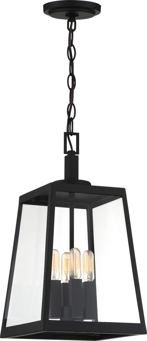 The Halifax hanging lantern combines coastal charm with contemporary design. Its oversized trapezoidal frame in matte black houses four bulbs behind clear glass panels, creating dramatic illumination for covered outdoor areas. - alternate view
