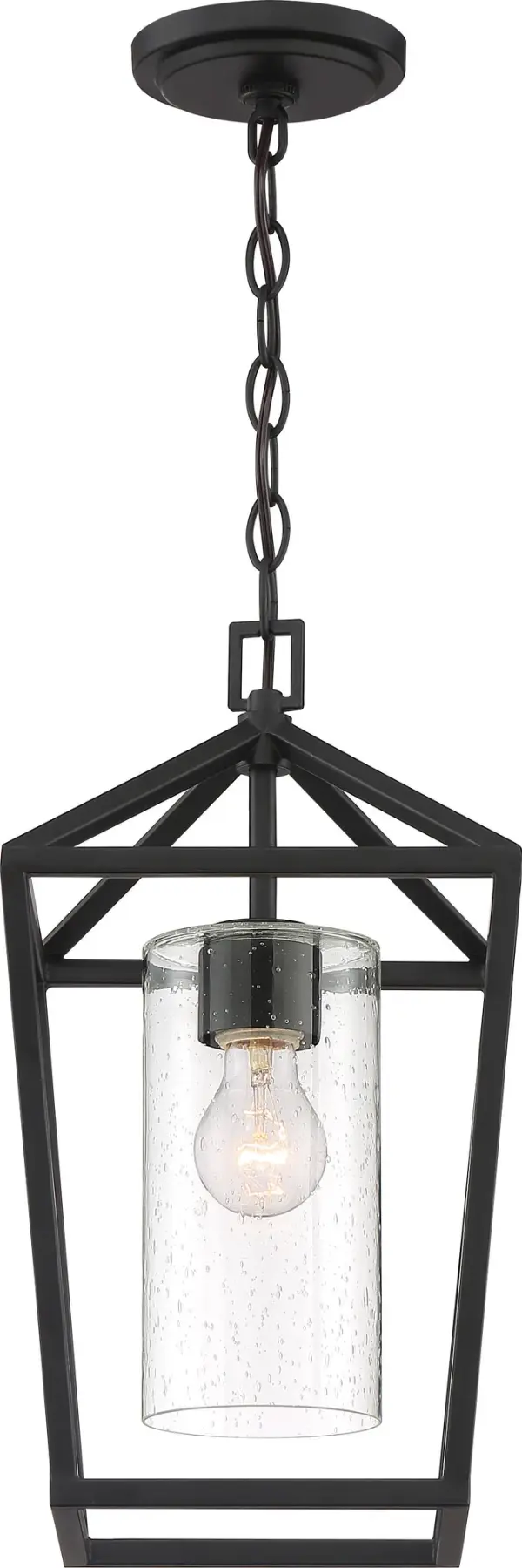 The Hopewell hanging lantern combines farmhouse charm with industrial durability. Its A-frame design and clear seeded glass chimney create a warm, inviting atmosphere perfect for outdoor spaces. - alternate view