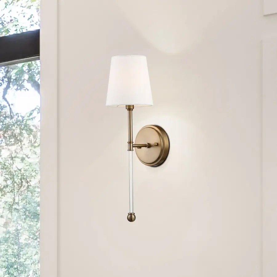 Olmstead 1-Light Wall Sconce in Burnished Brass with White Linen Shade - Image 8