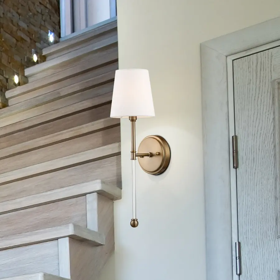 Olmstead 1-Light Wall Sconce in Burnished Brass with White Linen Shade - Image 10