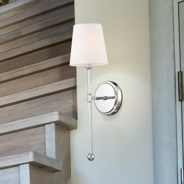 Olmstead 1-Light Wall Sconce in Polished Nickel with White Linen Shade - Image 8