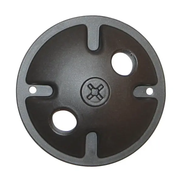 Durable die cast mounting plate in dark gray finish provides reliable support for 2-light pendant installations. Professional-grade hardware component designed for secure ceiling mounting.