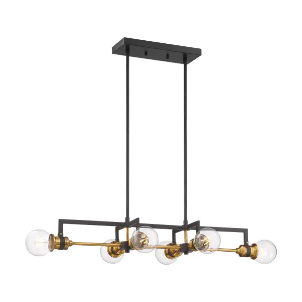 The Intention 6-light island pendant combines warm brass and black finishes with clear glass shades for a contemporary yet timeless look. Perfect for kitchen islands and dining areas, this fixture provides ample illumination while serving as a striking focal point.