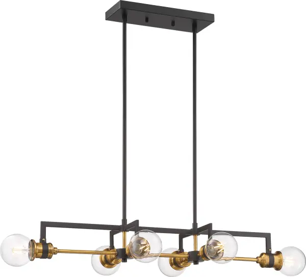 The Intention 6-light island pendant combines warm brass and black finishes with clear glass shades for a contemporary yet timeless look. Perfect for kitchen islands and dining areas, this fixture provides ample illumination while serving as a striking focal point. - alternate view