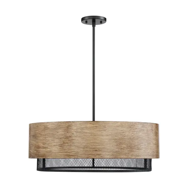 The Barrique pendant beautifully blends rustic warmth with industrial sophistication. Its honey wood finish paired with black metal accents and open mesh detailing creates visual interest while maintaining simplicity. Perfect for adding character to dining spaces.