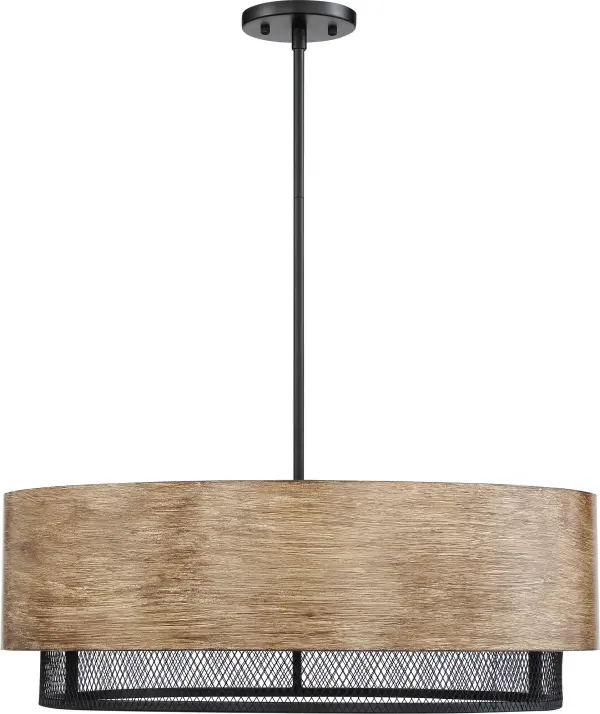 The Barrique pendant beautifully blends rustic warmth with industrial sophistication. Its honey wood finish paired with black metal accents and open mesh detailing creates visual interest while maintaining simplicity. Perfect for adding character to dining spaces. - alternate view