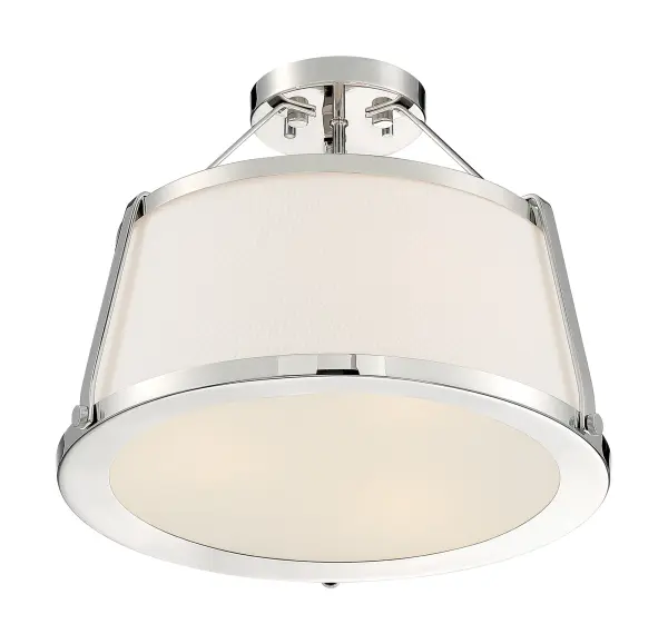 The Cutty semi-flush fixture combines polished nickel elegance with practical functionality. Its white fabric shade and frosted glass diffuser create soft, ambient lighting perfect for low-ceiling spaces.