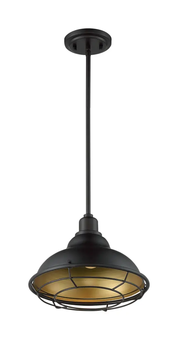 The Newbridge large pendant delivers authentic retro-industrial style with its optional metal cage and warm gold reflector. At 12 inches diameter, it's perfectly sized for single installations or dramatic multiples.