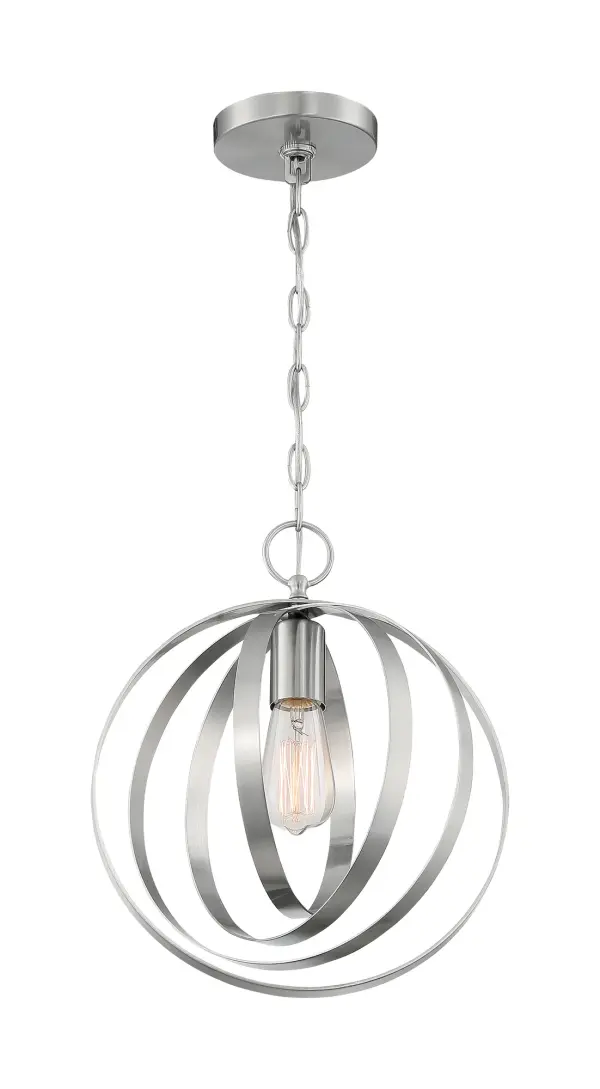 The Pendleton pendant features four concentric circular bands creating an eye-catching orb design in brushed nickel. At 12 inches diameter, it's perfectly sized for single installation or grouped arrangements over islands and counters.