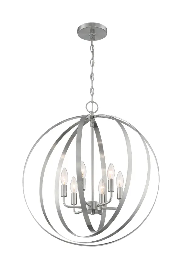 The Pendleton pendant features a striking six-light cluster within concentric circular bands, creating a 22-inch orb perfect as a statement piece or grouped for dramatic effect over islands and counters.